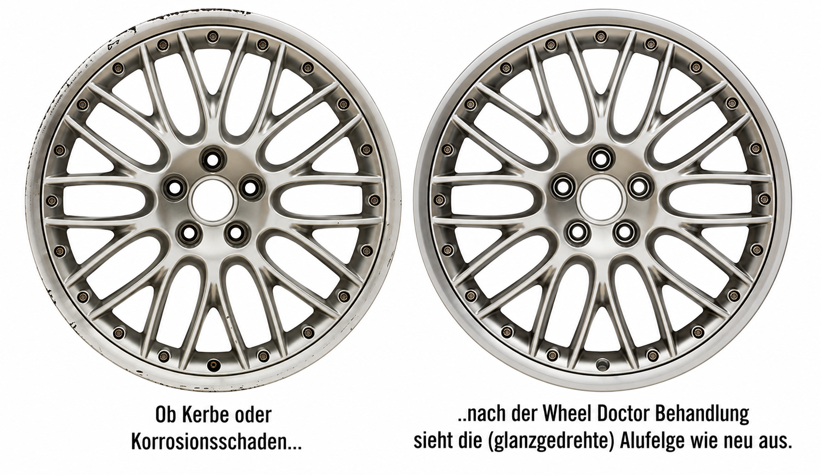 Vorher-Nachher Vergleich einer aufbereiteten Alufelge